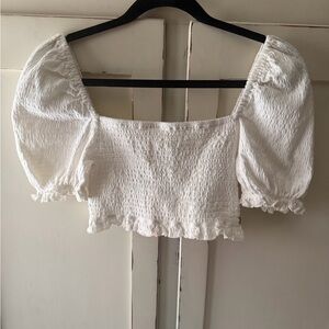Roxy White Smocked Puff Sleeve Crop Top with Ruffle Hem